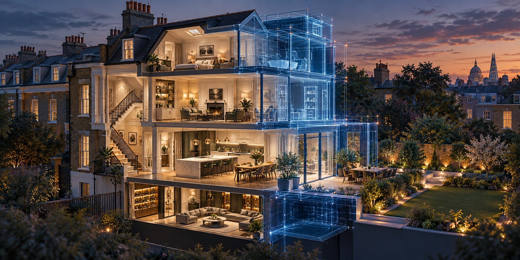 AI-generated concept illustration of a London home and its architectural digital model