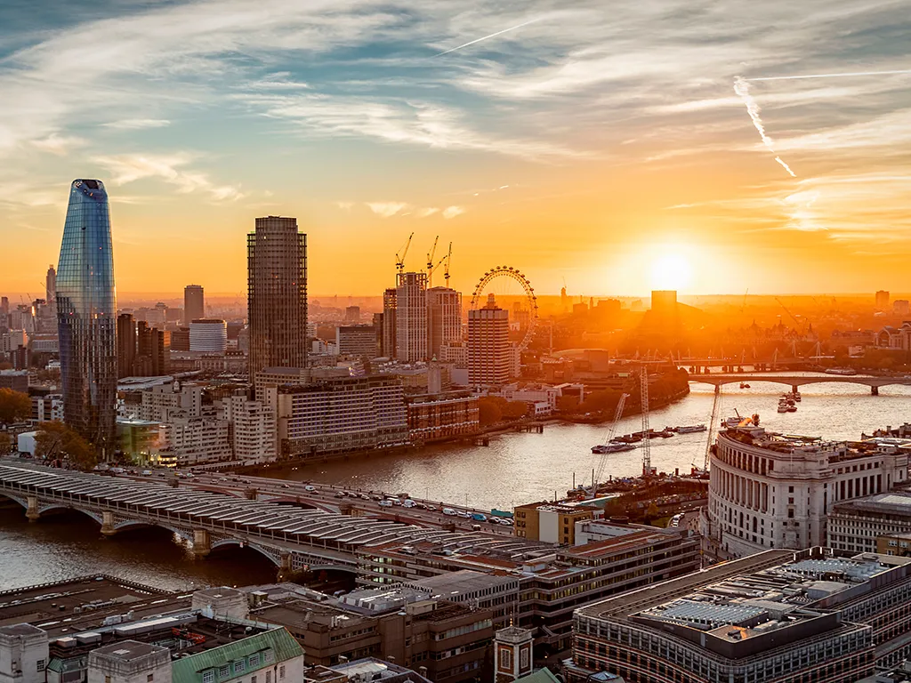 The Thames and London skyline at sunset