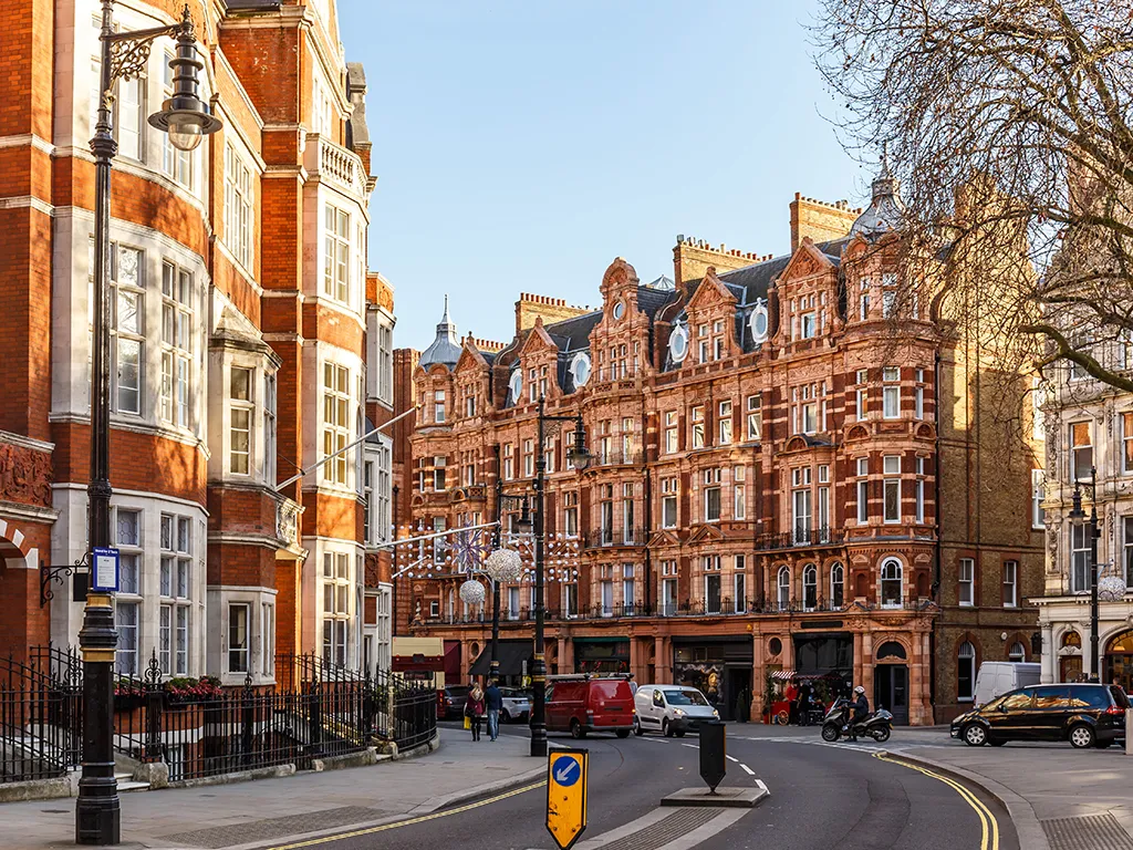 Red-brick mansion blocks on a London street