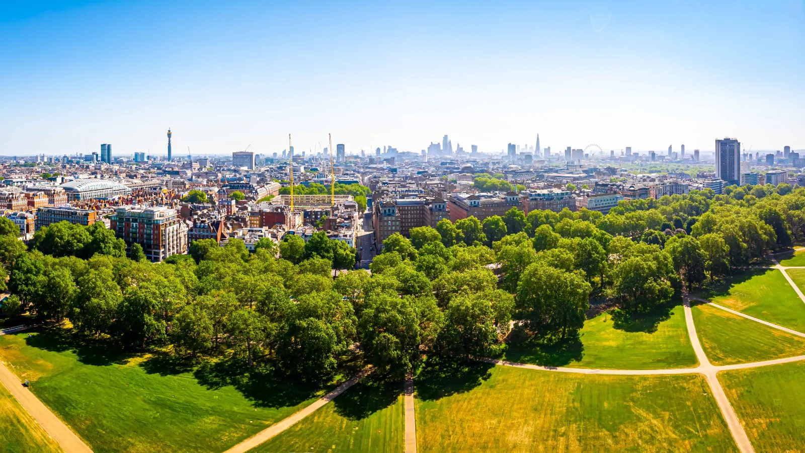 London skyline seen across a park
